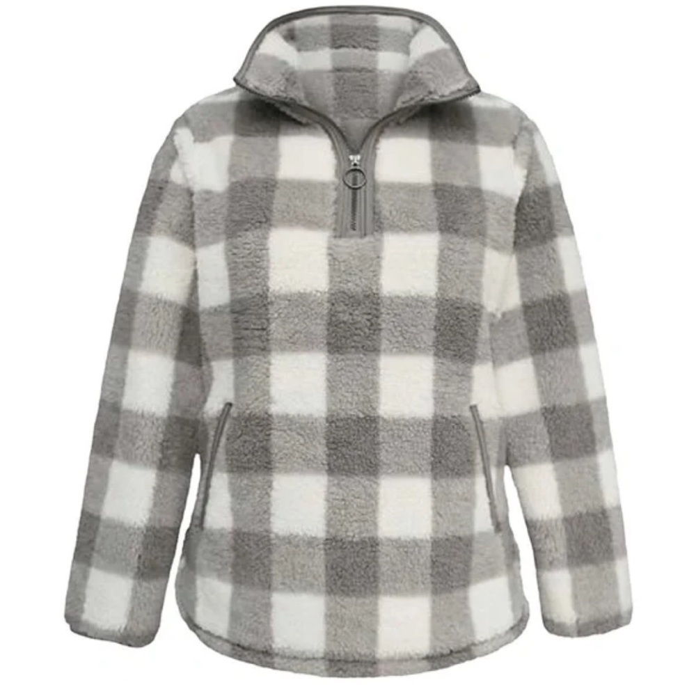 Cozy Sherpa Quarter-Zip Jacket Women's Medium Ivory Grey Gingham Plaid Pullover - Picture 2 of 13